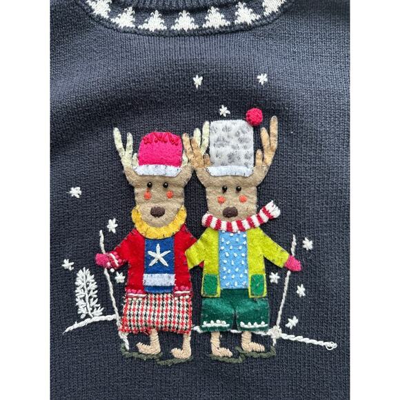 Vintage Women's Holiday Sweater Reindeer 100% Cotton Navy Blue – Size Small - Picture 3 of 6